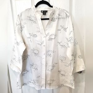 Carole Little Woman White 100% Linen Blouse w/Black & White Stitching  1X